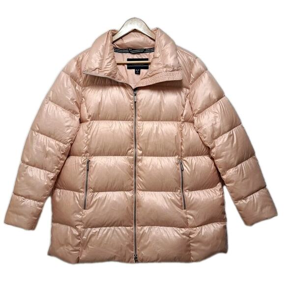 Lands End Goose Down Puffer Jacket Coat Womens XL 18 Pink Satin Quilted Full Zip - Picture 1 of 16